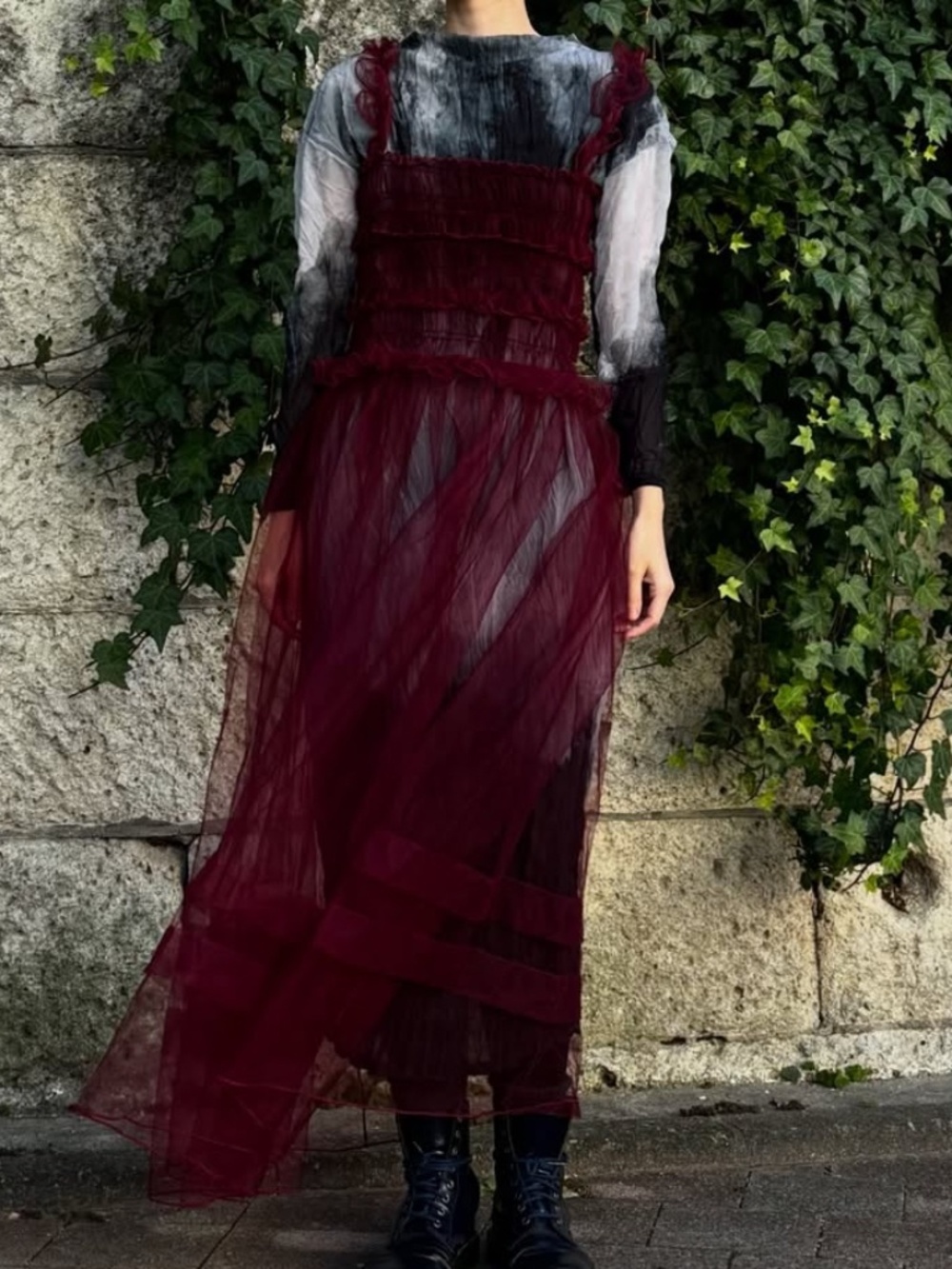 Sheer Burgundy Tulle Midi Dress